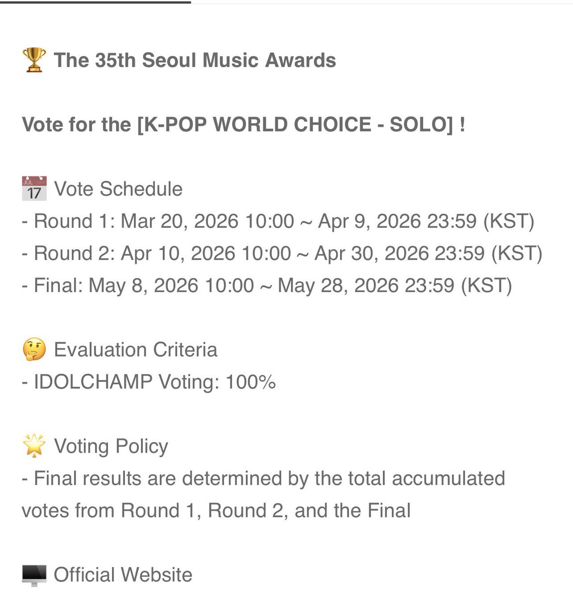 📣 ชวนม้าคพึมาโหวตเอารางวัล SOLO ให้ม้าคกันค่ะ

[SMA] K-POP WORLD CHOICE - SOLO 

Voting 100% เปิดหลายรอบแต่นับคะแนนทุกรอบ ใครสะดวกมาโหวตให้ม้าคกันนะคะ🥺🙏🏻

🗳️ แอพ Idolchamp ใช้ 🩷 ในการโหวต เก็บฟรีได้จากการหมุน roulette ในแอพเลยค้าบ

 20🩷=1 vote

promo-web.idolchamp.com/app_proxy.html…