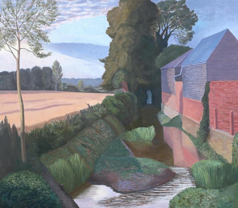 Painted in the late summer and autumn of 1962, John Nash's picture shows the backs of the old mill buildings at Boxted in north Essex. The mill itself was derelict for many years and is no longer standing.