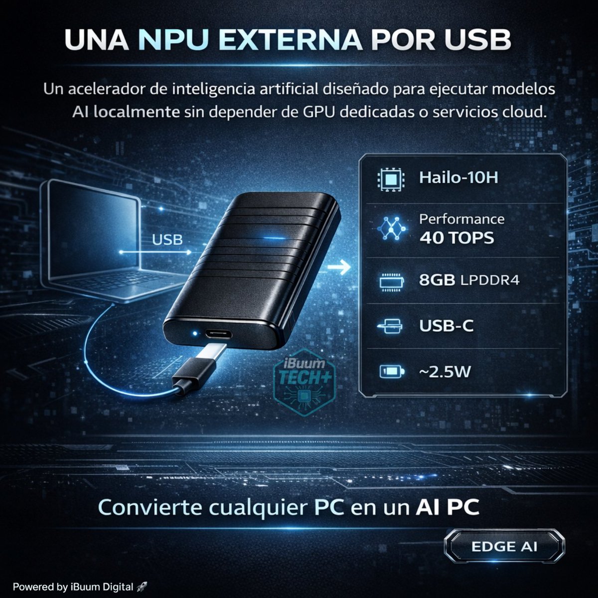 iBuumDigital's tweet photo. Personalmente creo que este tipo de hardware marcará el inicio de una nueva etapa.

Una NPU externa de 40 TOPS capaz de convertir cualquier PC en un AI PC vía USB es justo el tipo de innovación que faltaba.

La IA podría convertirse en un periférico estándar. #IA https://t.co/BZMa2Bk7Nd