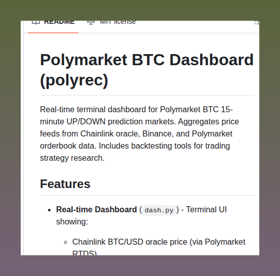 tom_doerr's tweet photo. Terminal dashboard and backtesting tools for Polymarket BTC prediction markets

https://t.co/qWZta02V6e https://t.co/FxDI9HQBOn