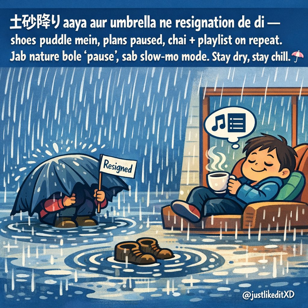 JustlikeditXD's tweet photo. 土砂降り aaya aur umbrella ne resignation de di — shoes puddle mein, plans paused, chai + playlist on repeat. Jab nature bole ‘pause’, sab slow-mo mode. Stay dry, stay chill. ☔️
#Doshaburi #HeavyRain #RainyVibes #UmbrellaFail #StayDry #MonsoonMood #WeatherHumor #PuddleLife https://t.co/AWPWYqXIdZ