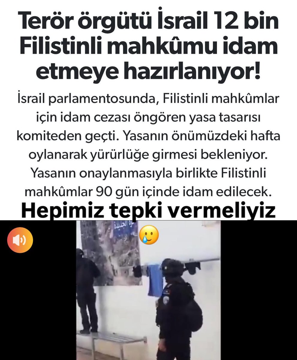asmindilara's tweet photo. Terör örgütü İsrail, 12.000 Filistinli mahkumu idam etmeye hazırlanıyor! Filistinli mahkumlar için ölüm cezasını öngören bir yasa tasarısı İsrail parlamentosunda komiteden geçti. Yasanın önümüzdeki hafta oylanıp yürürlüğe girmesini bekliyorlar 😢
 #FilistinliEsirlerİdamEdiliyor https://t.co/EJSXXzduLH