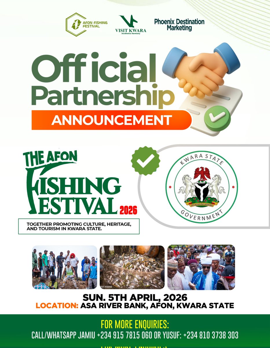 AfonFishingFest's tweet photo. We are honoured to welcome the Kwara State Government (@followKWSG), through the Kwara State Hospitality and Tourism Board, as a partner for the Afon Fishing Festival 2026.

Together, we celebrate and promote the cultural heritage of Kwara.

5 April 2026 | Afon, Kwara State. https://t.co/jHR7ieo6za