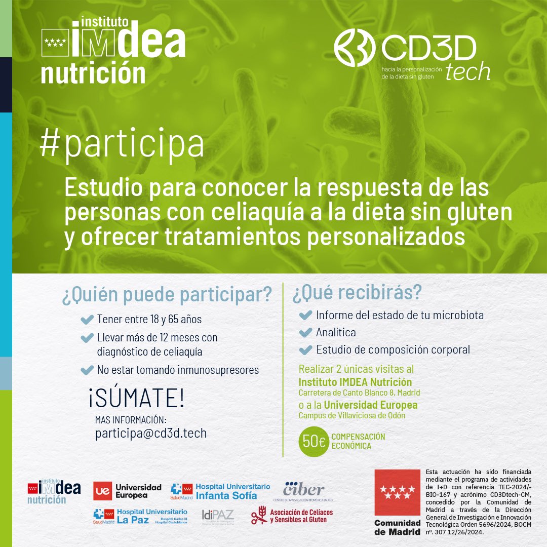 IMDEANutricion's tweet photo. 🙋🏻♀️ ¿Tienes diagnóstico de #celiaquía y sigues una dieta sin gluten?
Tu participación puede ayudarnos a avanzar y mejorar su tratamiento. Estudiamos🔬cómo influyen la microbiota, el metabolismo y otros marcadores biológicos.
ℹ️ https://t.co/kEDrQj2fCD
#CD3Dtech #DietaSinGluten https://t.co/HDTe2MYMtk