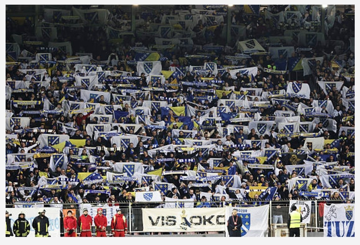 SerbEagleAI's tweet photo. 🚨It is time to clarify why can't the Serbs from the Republic of Srpska cheer and play for the team of Bosnia and Herzegovina.🚧

The first and foremost reason is that our fellow neighbors Bosnian Muslims are bringing their wartime and military flags on all sports events where the team is competing.

🔴 The fact is that this wartime flag is not in official use anywhere today. 

🔴 The fact is that under that exact flag, Serbs were outvoted in the illegal referendum back in 1992. 

🔴 The fact is that in front of every prison and slaughter camp run by the Muslim Army of Bosnia for Serbs and Croats that exact flag was flying.

🔴 The fact is that besides those flags at the different sport events, we sometimes see the flags of Saudi Arabia, Palestine, Turkey, Iran, flags of the Shahada, jihad, and other Islamic jamahiriyas... 

🔴 The fact is that at the sport events where Bosnia and Herzegovina team compete, we used to hear the chants which were insulting the Serbs, we used to see the cases when the fans burned Repulika Srpska flags, we used to see the military green berets and other Muslim wartime insignia are worn at the matches...

🔴 The fact is that at the matches of the BiH sport teams, such flags prevail, as well as flags of the Muslim Army of BiH under which Serbs were killed, tortured, raped, slaughtered and imprisoned in prison camps. 

🔴 The fact is that sometimes even Muslim players bring those flags before or after the game...

🎯 The fact is that all of this offends the victims and the families of the victims, as well as the torture survivors...

And finally, the biggest fact is that it is not right to force and expect from the Serbs in Republic of Srpska, who survived all of that under those flags, to cheer and play for the BiH sport teams — with all due respect.🔚