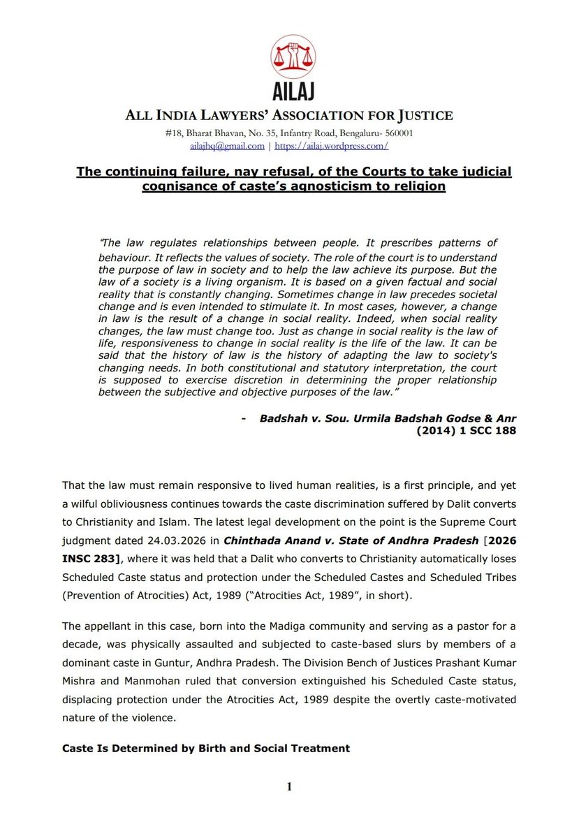 AilajHq's tweet photo. AILAJ believes that the SC judgment in Chinthada Anand fails to recognise the oppressive and caste-steeped social reality of Dalit Christians/Muslims, and is a missed opportunity and a setback to the Constitutional promise of equality &amp; dignity to all.

AILAJ Statement attached: https://t.co/CBDNbDyLW6