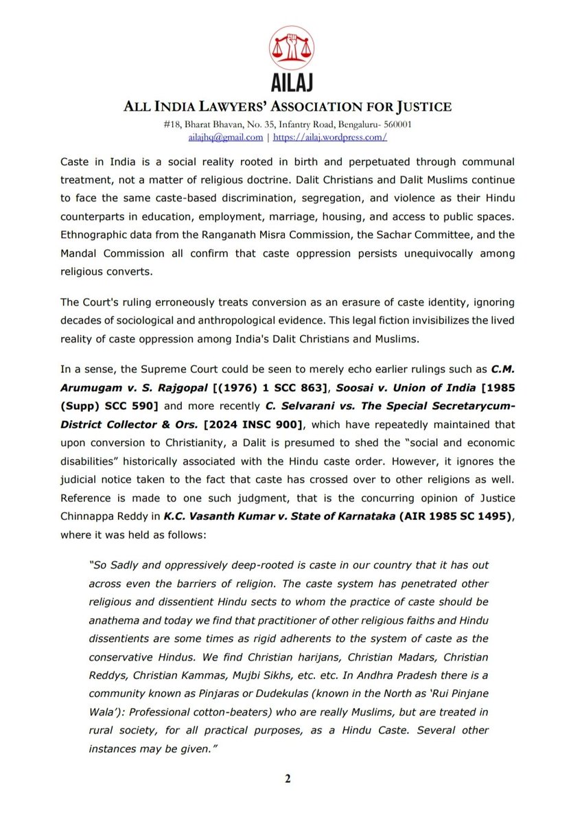 AilajHq's tweet photo. AILAJ believes that the SC judgment in Chinthada Anand fails to recognise the oppressive and caste-steeped social reality of Dalit Christians/Muslims, and is a missed opportunity and a setback to the Constitutional promise of equality &amp; dignity to all.

AILAJ Statement attached: https://t.co/CBDNbDyLW6