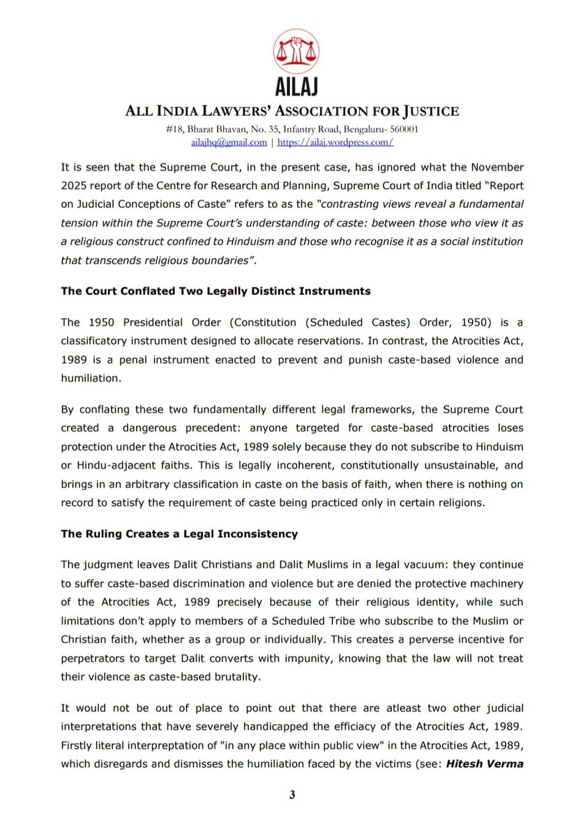 AilajHq's tweet photo. AILAJ believes that the SC judgment in Chinthada Anand fails to recognise the oppressive and caste-steeped social reality of Dalit Christians/Muslims, and is a missed opportunity and a setback to the Constitutional promise of equality &amp; dignity to all.

AILAJ Statement attached: https://t.co/CBDNbDyLW6
