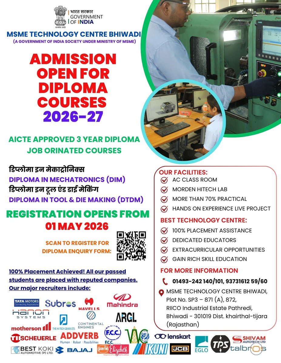 DegenHunterius's tweet photo. 🚀 Pre-Registration Open for 2026–27! 🎓
Start your technical career with
💡 AICTE Approved 3-Year Diplomas:
⚙️ Mechatronics (DIM)
🔧 Tool &amp; Die Making (DTDM)
🏭 Train Today. Get Placed Tomorrow
📲 Apply: https://t.co/BjlO60iO6M
📞 01493-242140/9373161259
#Diploma2026 #ApplyNow https://t.co/WbaMfV88QD