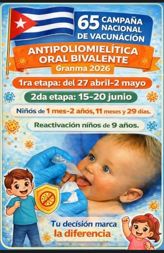 Del 27 de abril al 2 de mayo se realiza la primera etapa de la 65 Campaña Nacional de Vacunación Antipoliomielítica en #Cuba 
Recibirán una dosis todos los niños de más de 1 mes hasta menores de 3 años. 
#SantiagoDeCuba 
#SiempreSantiago 
#CubaPorLaSalud 
<a href="/direccion_cuba/">DG de Salud Municipio Santiago de Cuba.</a>