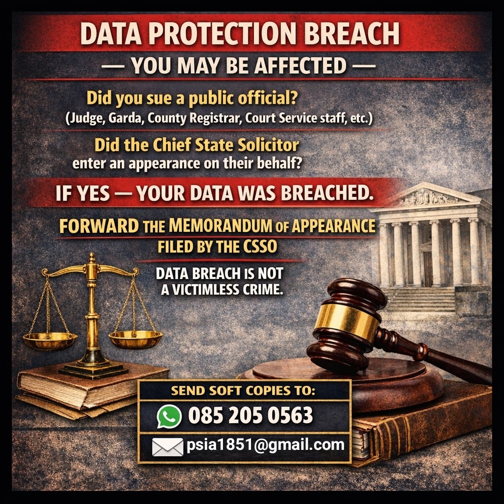 PSIA1851's tweet photo. Did you sue a public official (Judge, Garda, County Registrar, Court Service staff, etc.), and the Chief State Solicitor entered an appearance on their behalf?

If yes, your data was breached.

When you served the plenary summons on the public official, your personal data contained within the plenary summons was sent to the CSSO outside what the law provides because the CSSO has no authority to receive it.

This Act by the public official is a criminal offence under Section 145(1) of the Data Protection Act 2018.

I am prosecuting these complaints in September in the Criminal Courts of Justice & on conviction will seek orders of compensation under section 6 of the Criminal Justice Act, 1993.

Please send a soft copy of the Memorandum of Appearance to:

WhatsApp: 085 205 0563  
Email: psi81851@gmail.com

Research continues until August.  

#DataProtection #CSSO #JusticeIreland