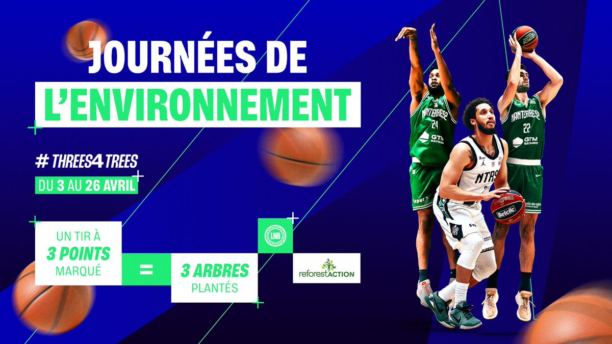 Nanterre92's tweet photo. À l’occasion des Journées de l’Environnement du 3 au 26 avril, Nanterre 92 se mobilise aux côtés de la LNB !
Chaque tir à 3 points inscrit = 3 arbres plantés avec Reforest’Action 🌳 #Threes4Trees https://t.co/AlhThuRVIj
