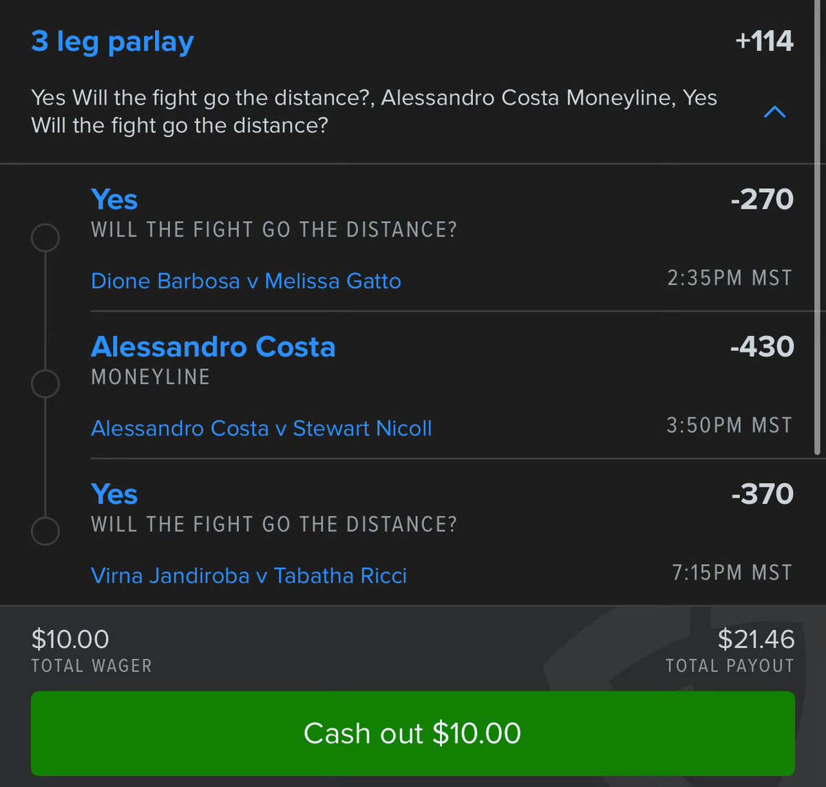 alejobets3's tweet image. UFC bets 

Parlay1
Bekoev
Barbosa 

Parlay2
Costa 
Barbosa vs gatto gtd
Jandiroba vs ricci gtd