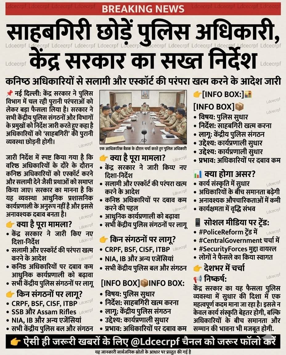 सोशल मीडिया सब देखती है मीडिया सेल ?

🚨 साहबगिरी छोड़ें पुलिस अधिकारी, केंद्र सरकार का सख्त निर्देश  

नई दिल्ली: केंद्र सरकार ने पुलिस व्यवस्था में सुधार को लेकर बड़ा कदम उठाते हुए सभी केंद्रीय पुलिस संगठनों और विभागों को सख्त निर्देश जारी किए हैं। सरकार ने स्पष्ट किया है कि अब