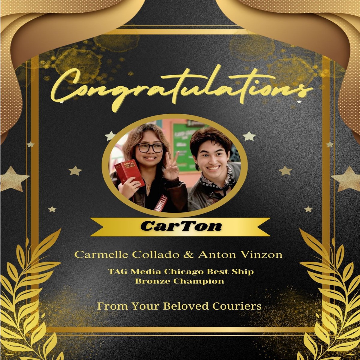 Congratulations my babies, 
<a href="/carmelle_lite/">Carmelle Collado</a> and Anton! 

Super deserve niyo 'to! We love you! 

Thank you so much Lord for beautiful blessing! 

Maraming salamat din sa mga Couriers sa walang sawang pagmamahal!

I love you all! 

CARTON BRONZE BESTSHIP
#6thTAGAwardsChicago