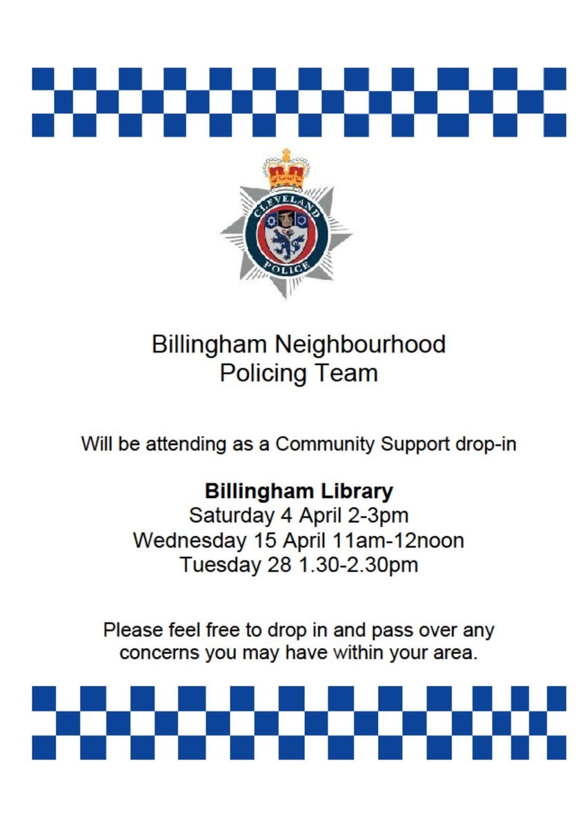 Well_Champs's tweet photo. 📢 Billingham Neighbourhood Policing Team – Community Drop‑In

Pop along to Billingham Library today between 2–3pm to speak with your local neighbourhood officers, ask questions, or share any community concerns.

Everyone welcome! 👮‍♂️📚

#CommunityDropIn #Police #Community https://t.co/QuWZ5M0H4a