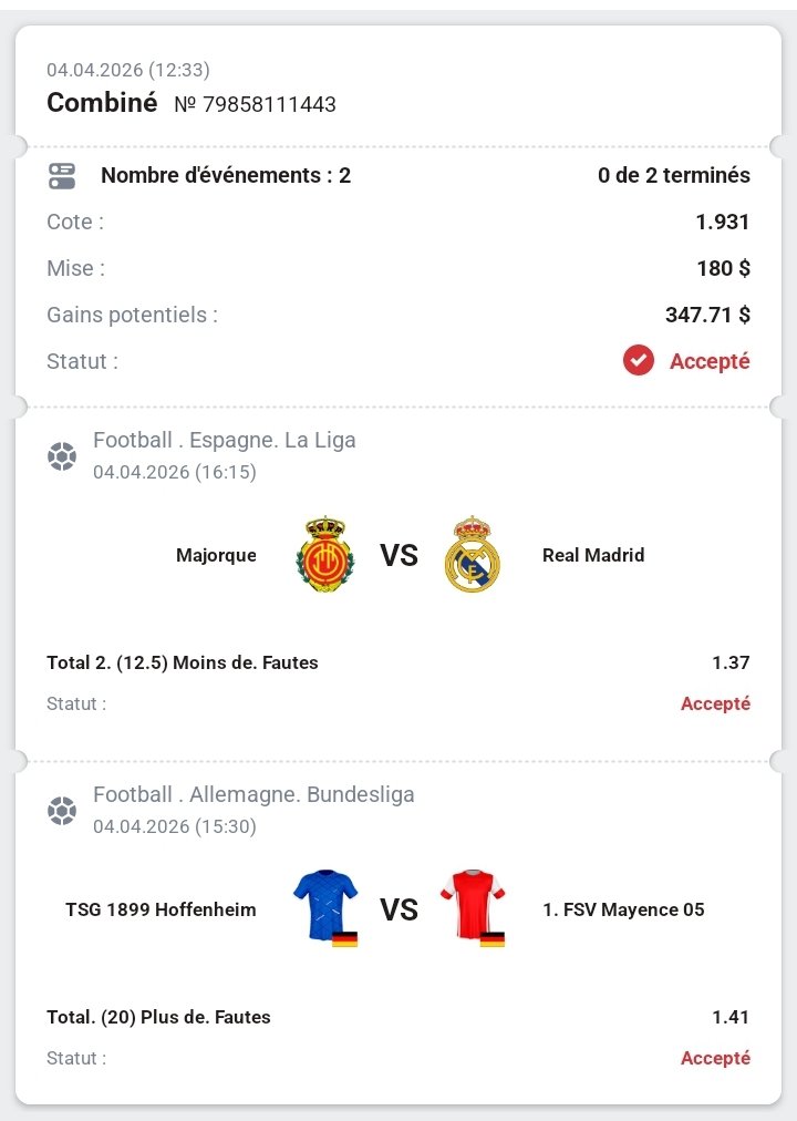 TsBanner's tweet photo. 💥 🎯 BET OF THE DAY – Football ⚽🔥
💰 Stake: 180 $ → Targeted Win: 347 $
📊 Total Odds: 1.93

🔹 Réal Madrid : Under 12.5 Fouls 
🔹 Hoffenheim -  Mayence : Over (20) Fouls

#PariSportif #1XBET #TeamParieur #BettingTips #Tipster https://t.co/sEiacIZCIf