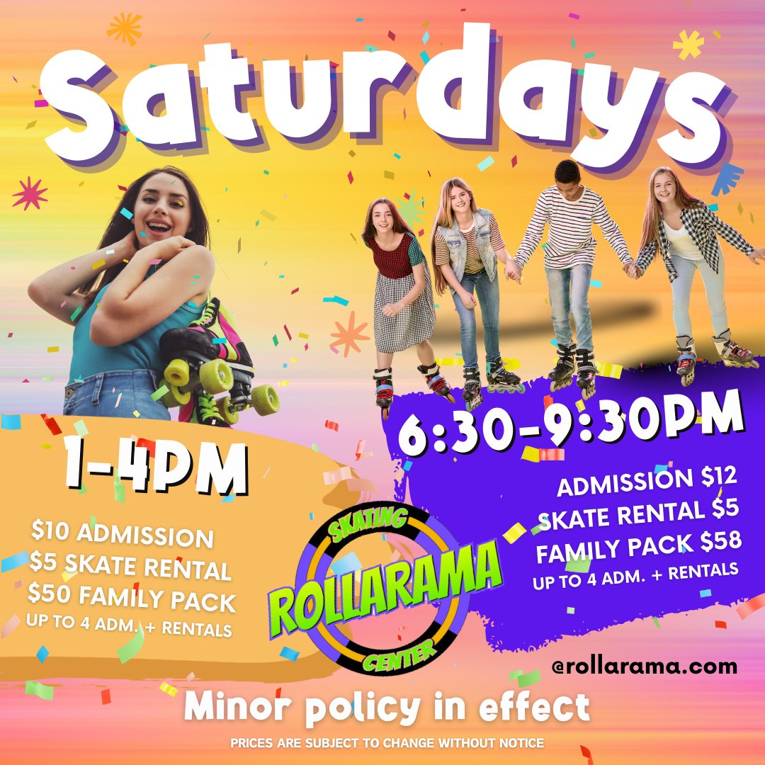 Rollarama's tweet photo. Saturdays are so much fun with two skating sessions to choose from! 🎉🛼 Whether you're a beginner or a pro, come roll with us at #rollarama! Let's make some memories on wheels! 💖✨ #SkateLife #WeekendVibes #RollerSkating https://t.co/dAX4d86PTT