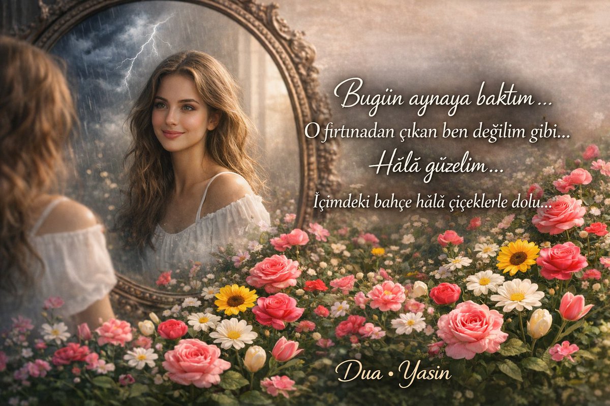 duayasin's tweet photo. bugün, 
aynaya baktım.. 

   o fırtınadan çıkan ben değilim gibi.. 

hâlâ güzelim, 
hâlâ çiçeklerle dolu, 

                  içimdeki bahçe.. 

#duayasin
#devrikcümle https://t.co/AExws4v1jH