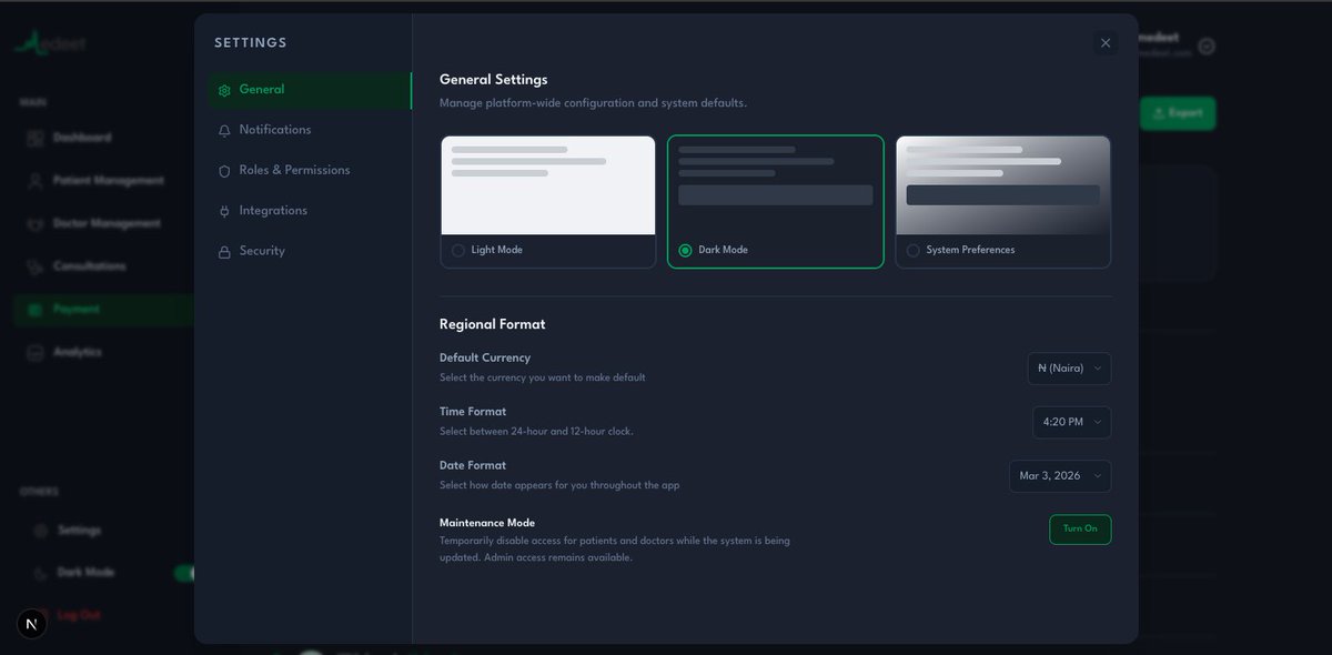 Vixell_1's tweet photo. You asked for a healthcare dashboard and got dark mode, light mode, radar charts, data tables, settings panels, role management, and a fully themed sidebar 
Built this with Next.js, Tailwind &amp; Recharts.
If you need a frontend dev who actually finishes things, DMs open 🤝
#dev https://t.co/RP8Qg7YiVH