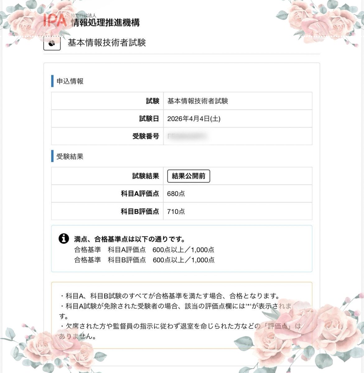 Saotome_0202's tweet image. 【基本情報技術者試験 当日】

13資格目 達成見込🌸

科目A：680点  
科目B：710点  

勉強期間：約1.5ヶ月（他資格と並行）
難易度：簿記2級よりやや上（体感）

戦い抜きました…！
次は簿記1級・中小企業診断士へ！

#資格勉強 #IT #基本情報技術者試験