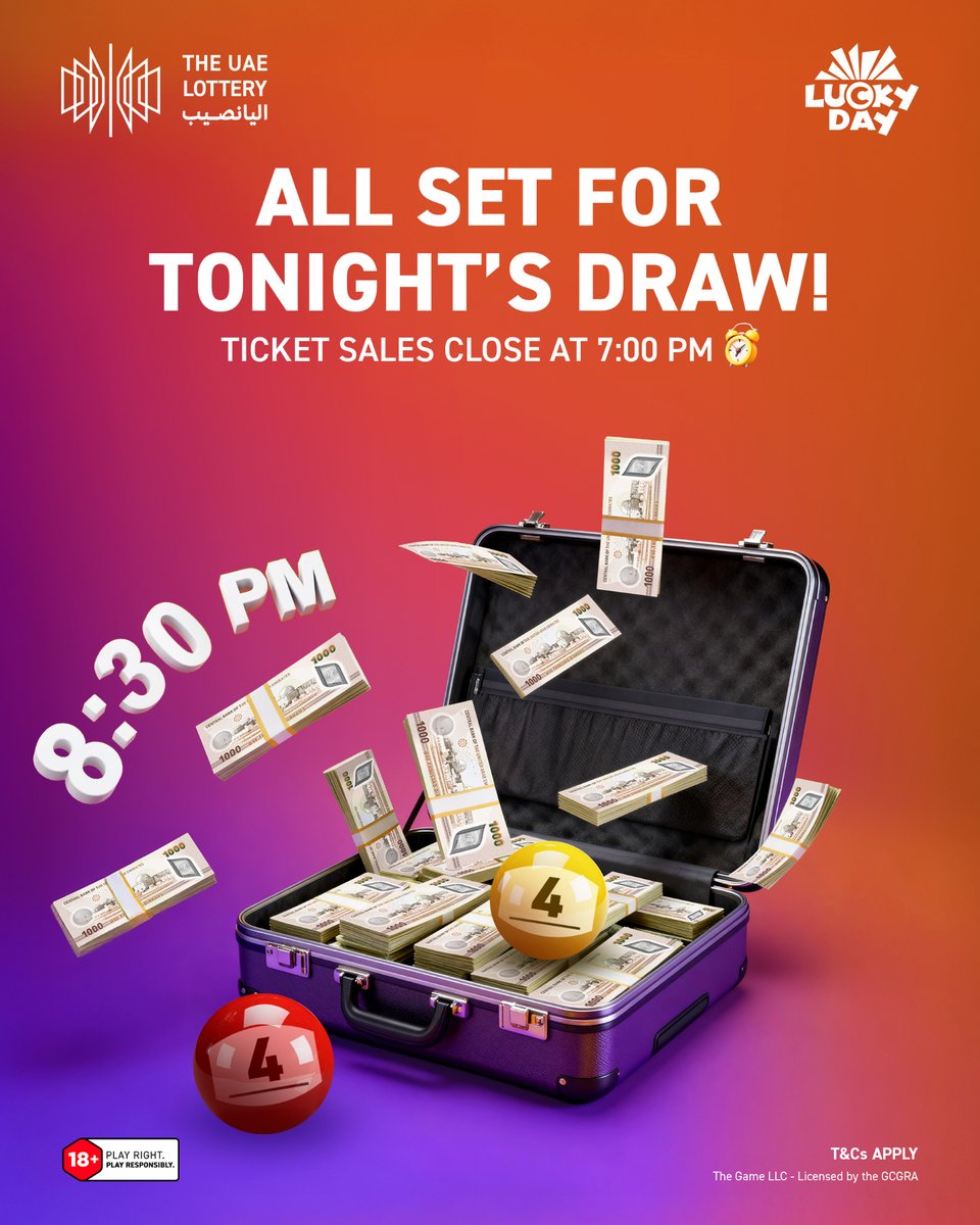 theuaelottery's tweet image. Grab your ticket, sit tight, and relax — it’s Lucky Day draw night!
Draw #260404 goes LIVE tonight at 8:30 PM.

Join us live!
⏳ Reminder: Ticket sales close at 7:00 PM.
#LuckyDay #TheUAELottery