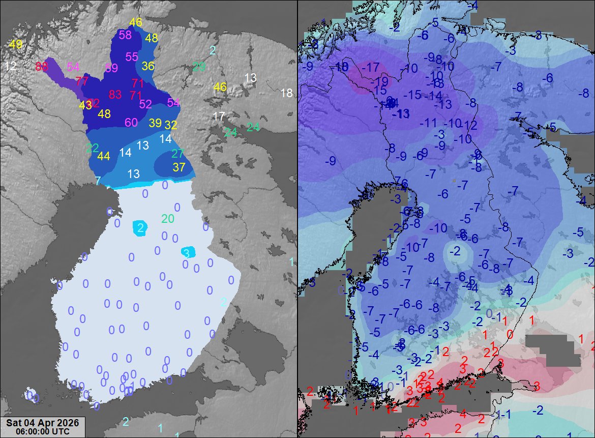 jaj2009's tweet photo. Aamun lumitilanne 4.4. ja viime yön minimilämpötiloja. #sää #huhtikuu #lumi #snowdepth #Tmin https://t.co/arnpsVjYlF