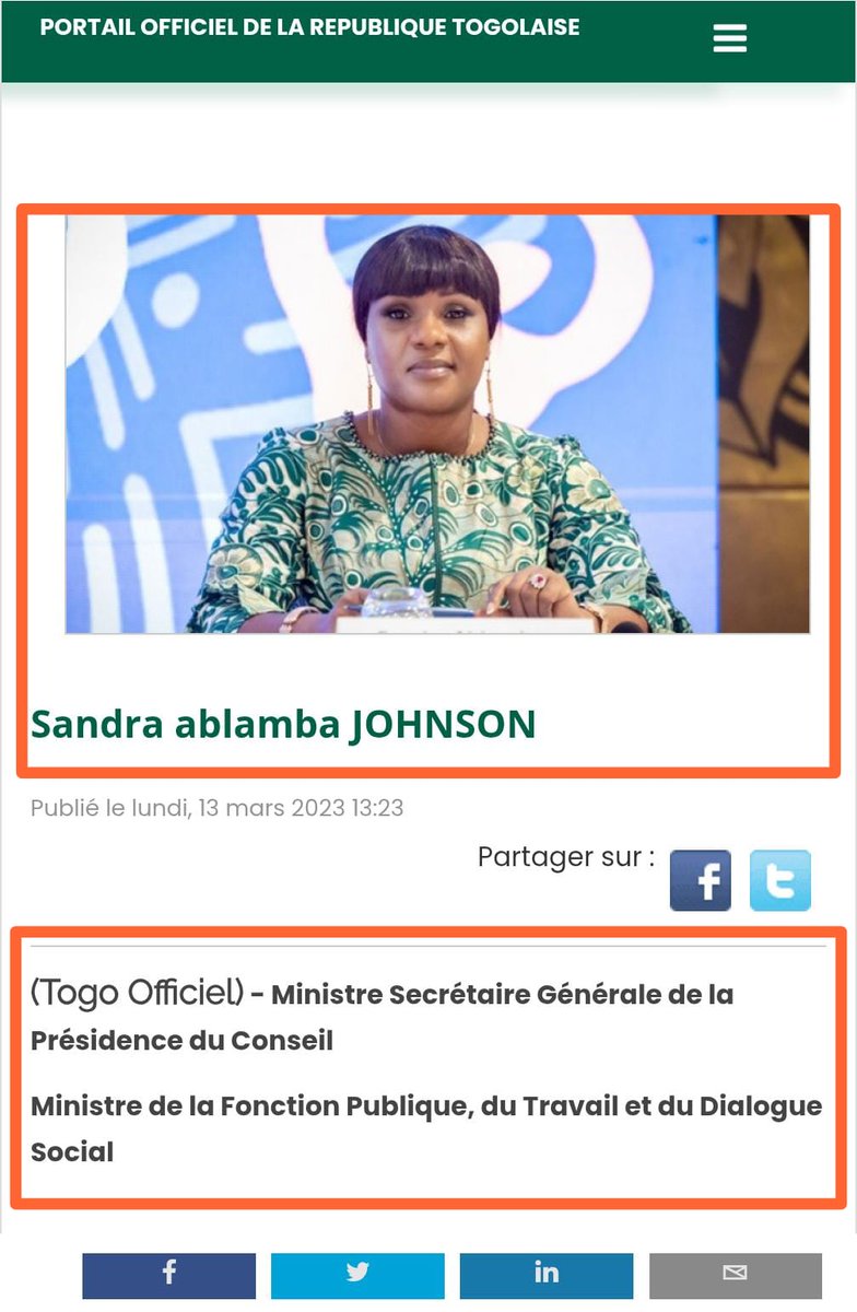 BibiPacome's tweet photo. Entre Essozimna et Ahoefavi, qui est le véritable ministre de la fonction publique, du travail et du dialogue social au #Togo?

En octobre 2025, à la nomination du nouveau gouvernement sous la nouvelle Constitution adoptée #SansNousConsulter, on nous avait dit que les ministères de la défense nationale, de la fonction publique, du travail, du dialogue social et des transports étaient rattachés à la présidence du conseil des ministres. 

On avait cru comprendre par là que le Président du conseil des ministres, Faure Essozimna Gnassingbé donc, entendait garder et exercer lui-même les fonctions relevant desdits ministères. Pour quelle efficacité ? La question reste posée.

Récemment, on a vu la secrétaire générale de la présidence du conseil des ministres, (Sandra) Ablamba Ahoefavi Johnson, signé des actes pour le compte du ministre de la fonction publique, du travail et du dialogue social. 

On s'est donc demandé où et quand avait été publié l'acte officiel lui donnant mandat pour signer en lieu et place de Essozimna Gnassingbé qui est censé être le ministre de tutelle. 

En parcourant le trombinoscope du gouvernement, on s'aperçoit que sous la photo de Ahoefavi Johnson, il est indiqué  ministre secrétaire générale de la présidence du conseil, mais aussi ministre de la fonction publique, du travail et du dialogue social. 

S'agit-il d'une erreur ou cela voudrait-il dire que Essozimna a nommé Ahoefavi à cet autre post ministériel qu'est celui de la fonction publique, du travail et du dialogue social? Le cas échéant, où et quand l'acte officiel en tenant lieu a-t-il été publié?

La question mérite d'être posée d'autant plus qu'une telle configuration n'est pas une première entre ces deux personnalités dans leur relation institutionnelle. On se souvient que Ahoefavi est passée de Secrétaire général de la présidence de la République à Secrétaire général de la présidence du conseil des ministres, sans qu'aucun décret de nomination en tenant lieu ne nous en informe publiquement et officiellement à ce moment-là. 

Cette façon de procéder pose des problèmes de transparence, des normes et procédures de nominations et d'exercice du pouvoir au sein de l'exécutif Togolais.

#FreeTogo