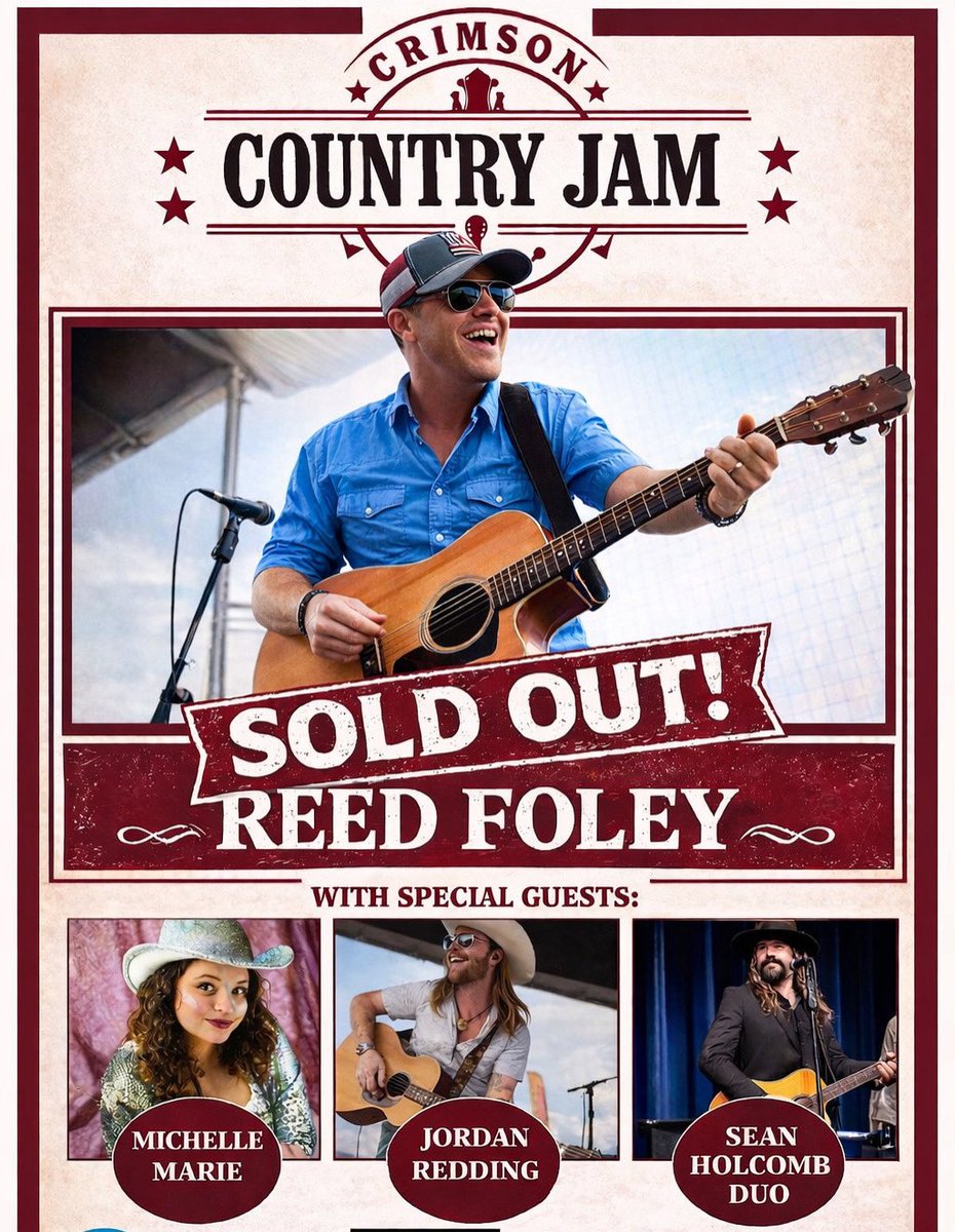 ReedFoleyMusic's tweet photo. SOLD OUT AGAIN! 

Me and the boys are so excited to be headlining Crimson County Fest for the second time at @crimsonhousensb 

We had so much fun last year, we could resist the invitation to come back. See y’all tonight! https://t.co/McZ6QHZJCU