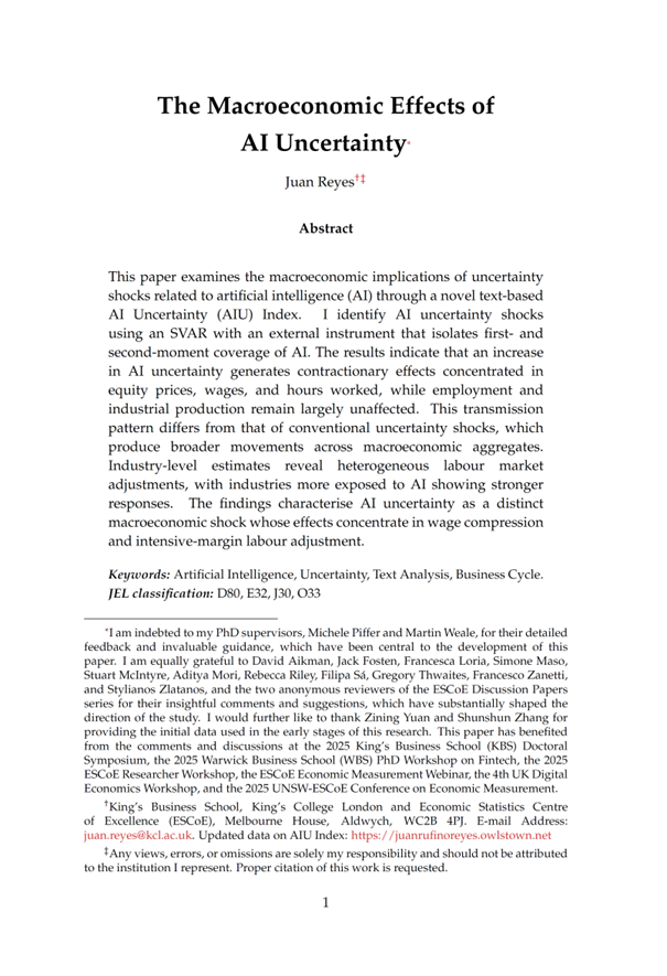 Highly relevant!

"The Macroeconomic Effects of AI Uncertainty" by Juan Reyes.

Working paper:
papers.ssrn.com/sol3/papers.cf…

AI Uncertainty (AIU) Index:
juanrufinoreyes.owlstown.net/pages

Blog post:
escoe.ac.uk/why-ai-uncerta…