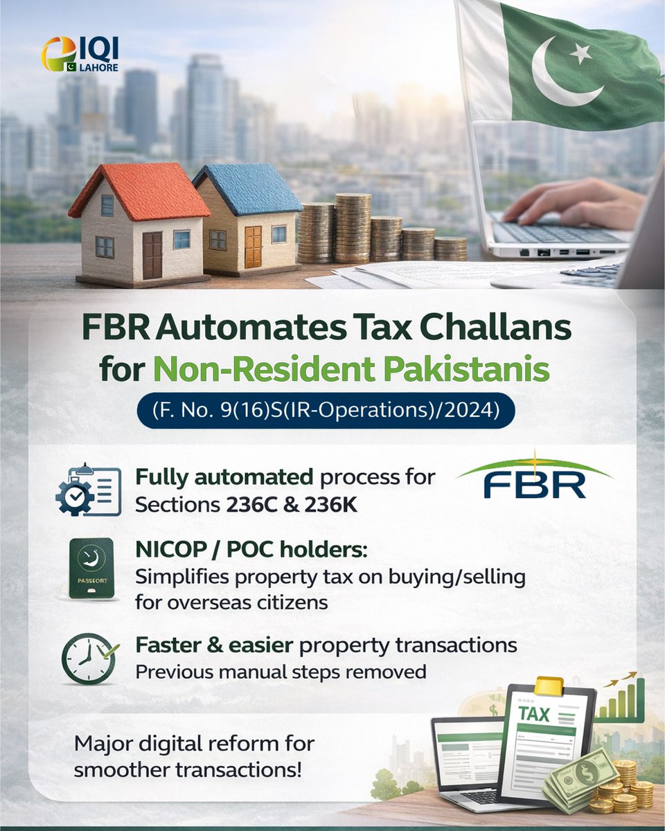 alleeommer's tweet photo. FBR has moved the challan generation for withholding taxes under Sections 236C &amp; 236K to a fully automated system for non-resident Pakistanis (NICOP/POC holders), The process is now handled digitally as opposed to the manual step one had to follow earlier. #PakistanRealEstate https://t.co/t2JUGglKTo