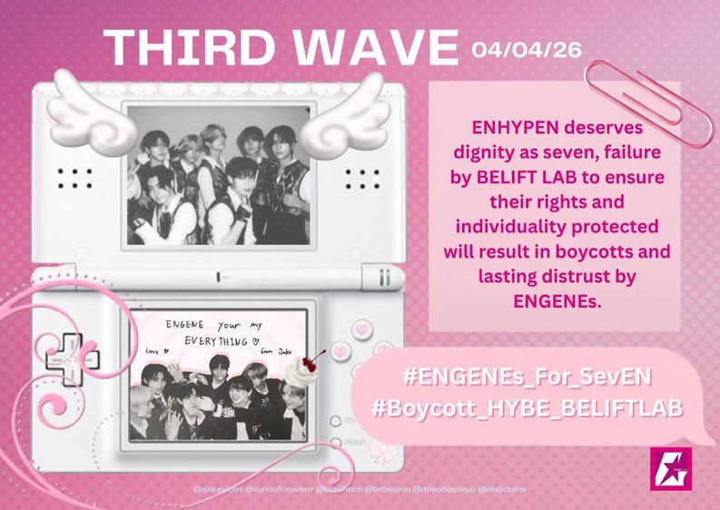 snoolight's tweet photo. THIRD WAVE HAS JUST STARTED! 📣

 ꪆৎ DROP THE TAGS! 🩷

ENHYPEN deserves dignity as seven, failure by BELIFT LAB to ensure their rights and individuality protected will result in boycotts and lasting distrust by ENGENEs.

#ENGENEs_For_SevEN
#Boycott_HYBE_BELIFTLAB