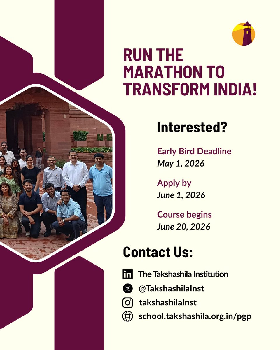 TakshashilaInst's tweet photo. Curious about how to become a changemaker? Learn how through our 48-week Post Graduate Programme in Public Policy.   

Early Bird Deadline : 01 May 2026 
Application Deadline: 01 June 2026   
Programme Begins: 20 June 2026 https://t.co/rlxcOZnpyY