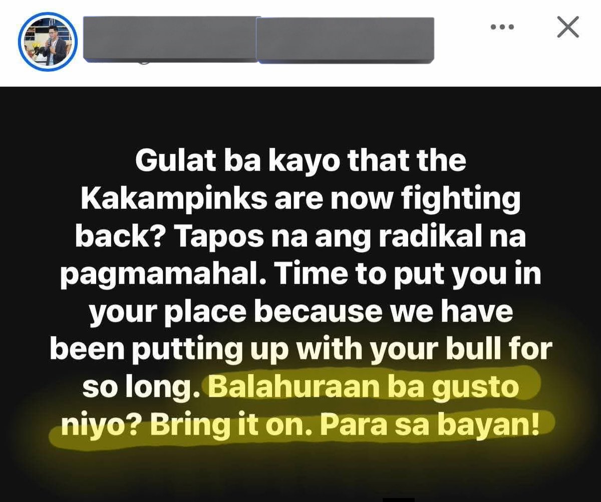 Ang sabihin mo tapos na ang bait-baitan ng mga kakampinks. Unmasking the hypocrites.

Ang aralin niyo paano magpanalo ng Presidente. Nagyayabang kayo eh 2016 talo si Mar at 2022 talo si leni.

Nauuna ang yabang niyo. Wala naman kayong binatbat sa eleksyon.