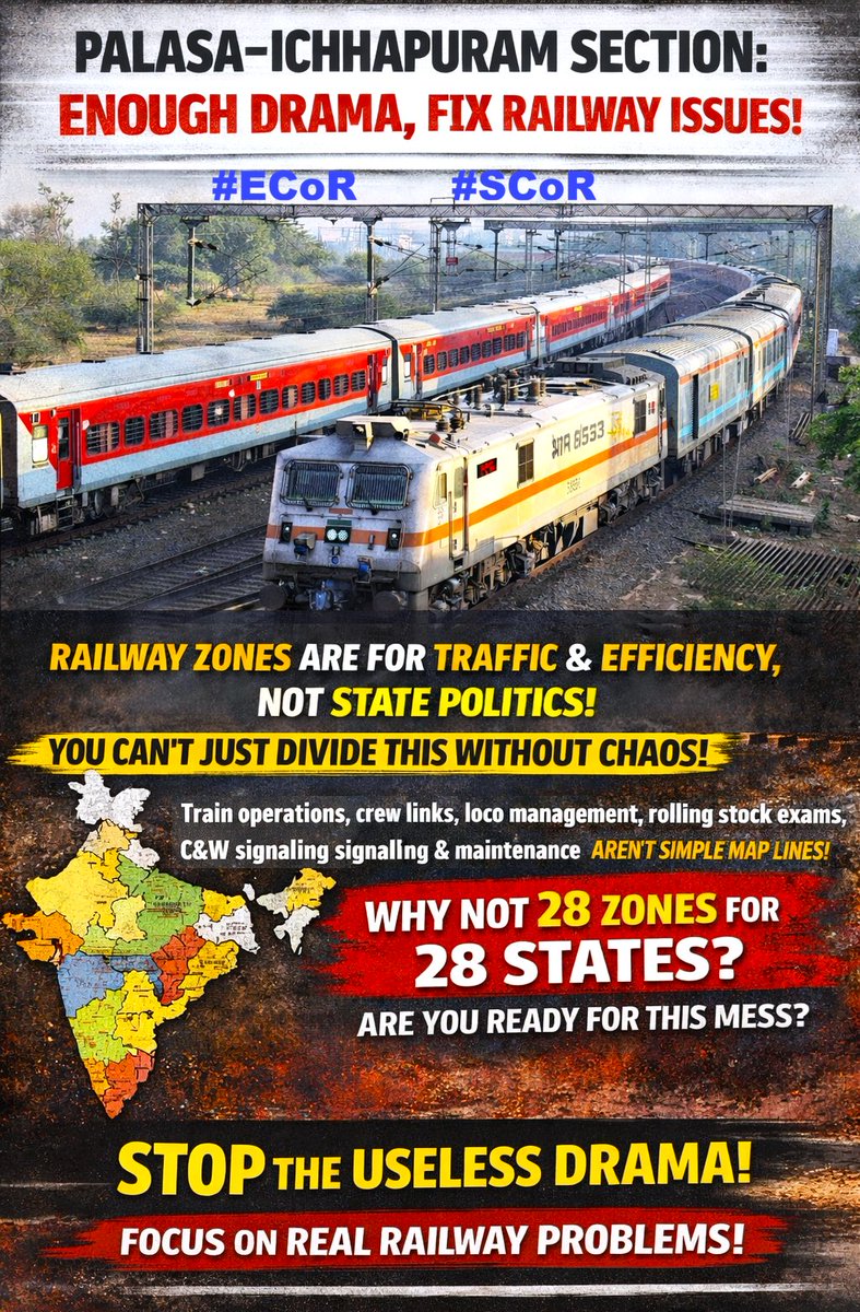 TechAnsuman's tweet photo. Focus on Real Railway Work, Stop This Drama, Palasa - Ichchapuram Issue!

What is happening around the #Palasa - #Ichchapuram section is nothing but unnecessary noise driven by sentiment rather than understanding how railways actually function. Let’s be very clear, Railway zones are NOT created based on state boundaries, they are designed based on operational traffic, route density, freight movement patterns, network efficiency & ......ETC

This particular stretch falls on the #Howrah - #Chennai Main line, one of the busiest corridors in the country. Any attempt to reshuffle jurisdiction here is not a simple administrative change, but it’s a highly complex technical decision involving train operation control, divisional jurisdiction, Crew link management, loco deployment, rolling stock examination in/out - C&W, maintenance logistics, signalling/trd coordination and seamless integration of freight and passenger operations. You can’t just redraw lines on a map and expect trains to run smoothly the next day.

And let’s address the biggest hypocrisy: If everything has to be divided based on state boundaries, then what’s the logic of having only 18 Railway Zones? Why not create 28 zones for 28 states? Will that improve efficiency? Absolutely "NOT". It will only create chaos, duplication and a massive administrative burden.

Now it’s high time for @narendramodi Ji and @AshwiniVaishnaw JI to step in and stop this kind of useless drama. Railways is not a playground for political optics. You are diverting valuable time, energy and huge manpower into issues that don’t solve any real problem on the ground. While core challenges like capacity enhancement, punctuality, and infrastructure upgrades need attention, focus is being wasted on boundary politics.

This is not just inefficient, it’s irresponsible.

Railways should be run by technical logic, not from emotional pressure. Enough of this noise and focus on what actually matters. 
@RailMinIndia @IR_CRB 

#IndianRailways
#Railways #EastCoastRailway #SouthCoastRailway #ECOR #SCOR #Odisha #AndhraPradesh #Drama