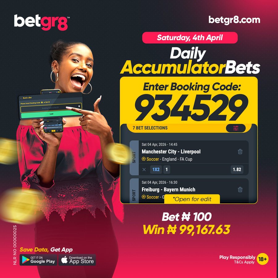 olabodestay's tweet image. @ArsenalNigeria_ 🚨 Saturday's Booking Code is 𝐋𝐈𝐕𝐄!
Your winning slip is ready, Load it up for that Win!
🔓 Code: 𝟗𝟑𝟒𝟓𝟐𝟗
Play Now 👉 Bet here 📲 betgr8.com/ng/signup?prom…
Check the games, edit, and place your stake.
Best of luck!
18+ | #Betgr8 #BookingCode #WeekendWins