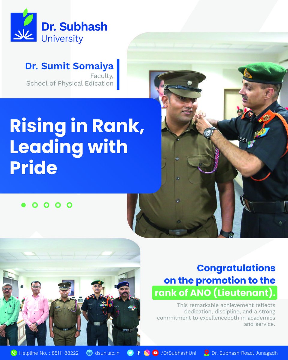 DrSubhashUni's tweet image. Proud moment for Dr. Subhash University! 
Heartiest congratulations to Dr. Sumit Somaiya, Faculty of the School of Physical Education, on his well-deserved promotion to the rank of ANO (Lieutenant).
#Ano #proudmoment #achivement