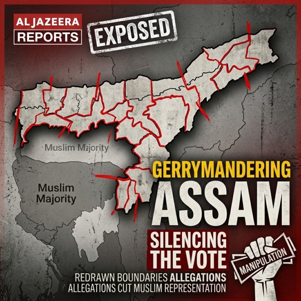 INY78600's tweet image. Al Jazeera reports alleged “gerrymandering” in India’s Assam, with redrawn constituencies cutting Muslim representation ahead of elections. Democracy loses meaning when boundaries are manipulated to silence communities. 
#Assam #IndiaExposed #Gerrymandering #MuslimRepresentation