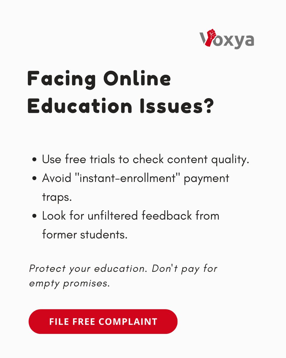 voxya_'s tweet image. Before buying an online course

✔ Try free demos
✔ Avoid instant payment traps
✔ Check real reviews

Don’t pay for empty promises.

File complaint 👉
 voxya.com/file-consumer-…

#OnlineEducation #ConsumerRights #Voxya #EdTech