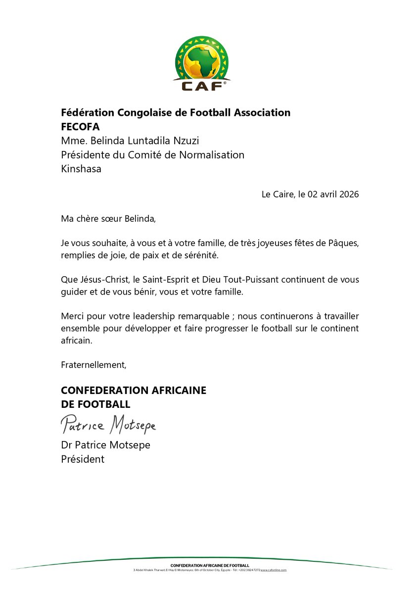 FecofaRdc's tweet image. Pâques : Le président de la CAF, Patrice Motsepe, souhaite bonne fête à la présidente du CONOR-FECOFA, Belinda Luntadila.

#FecofaRdc #CAF #Paques
