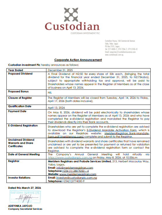 StockmanNigeria's tweet image. #Dividend Update

Custodian Investment Plc has announced a ₦2.50 final dividend, bringing total FY 2025 payout to ₦2.75 per share. Shareholders on record as of April 13, 2026 will qualify, subject to approval and withholding tax