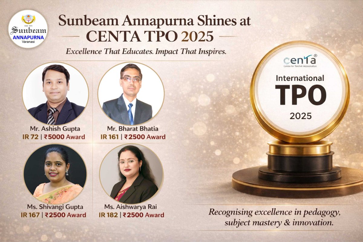 AnpSunbeam's tweet photo. Excellence that educates. Impact that inspires.
Sunbeam Annapurna celebrates its achievers at CENTA TPO 2025. Proud of our incredible educators.
#sunbeamgroupofeducationalinstitutions
#sunbeamexcellence
#sunbeam_annapurna
#leading_junior_and_middle_school_of_varanasi https://t.co/Y8iiw8GHtV