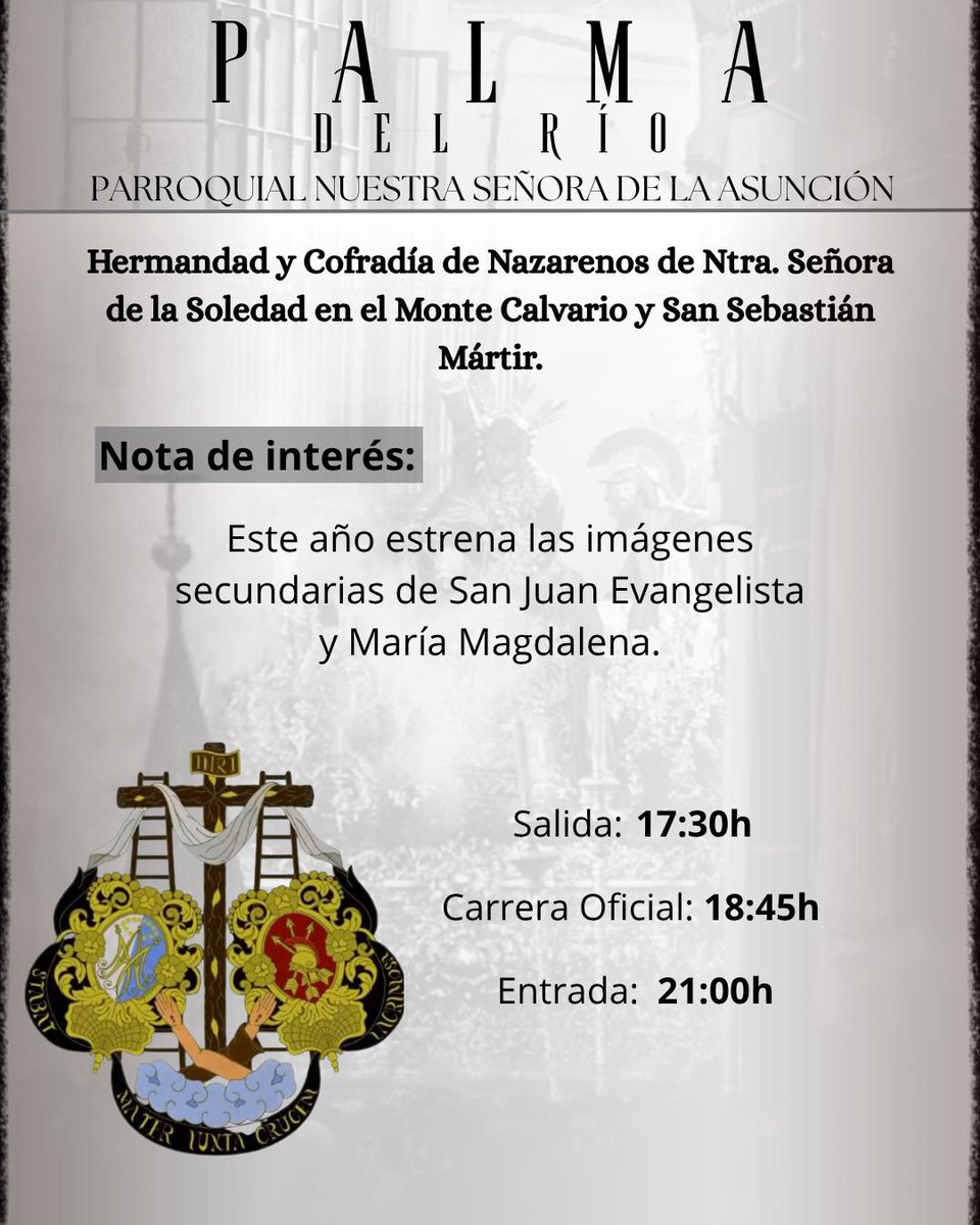 MonteCalvario_'s tweet photo. 𝐒𝐀́𝐁𝐀𝐃𝐎 𝐒𝐀𝐍𝐓𝐎 

La #SemanaSanta2026 va llegando a su fin y nuestra música llega por vez primera a Palma del Río, para ser los sones de la Soledad de María.

✝️ Hermandad de la Soledad de Palma del Río - Córdoba 

#ᴍᴄ𝟸𝟼 | #sᴜᴇɴᴀᴍᴄ https://t.co/bIfMsYYV8p