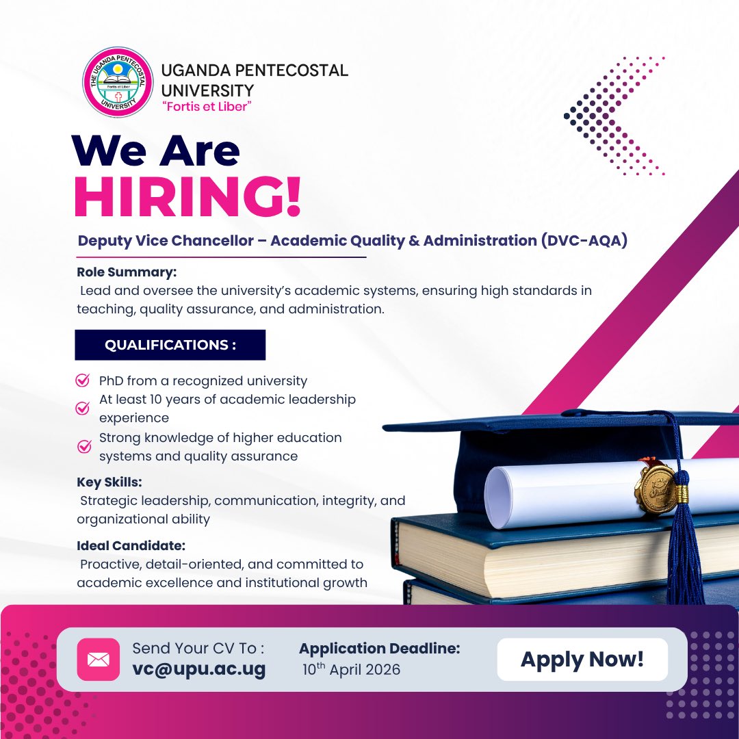 UPU_Uganda's tweet photo. We’re Hiring!

Uganda Pentecostal University is seeking a visionary Deputy Vice-Chancellor - Academic Quality &amp; Administration to lead academic excellence, quality assurance &amp; university systems.

Drive impact, shape future leaders &amp; strengthen higher education. Apply now! #UPU https://t.co/bxkalRlkDB