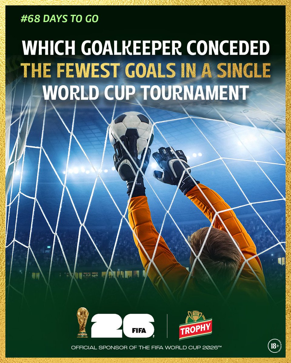 TrophyLager's tweet photo. Some walls just don’t break… 🧤🔥 One goalkeeper set the bar with a record that still stands strong 👀

Drop your answer in the comments and use the hashtags #Trophy68DaysToGo #TrophyXFIFAWC26 for a chance to win exciting prizes. 🏆✨T&Cs apply.

NB: You Must Be Following Across Platforms.