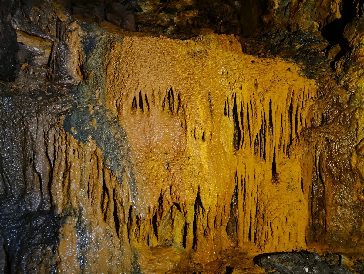 Barnchik's tweet photo. Last weeks Caving trip was to a colourful Sulphur Mine in Cinwy County, with a snottite river and pools of sulphuric acid! This mine contains pretty red pools of acid: "Red waters". Once mined for fool's gold (Iron Pyrites) to supply metal for tanks in WW2. https://t.co/kNgWfGmBUC