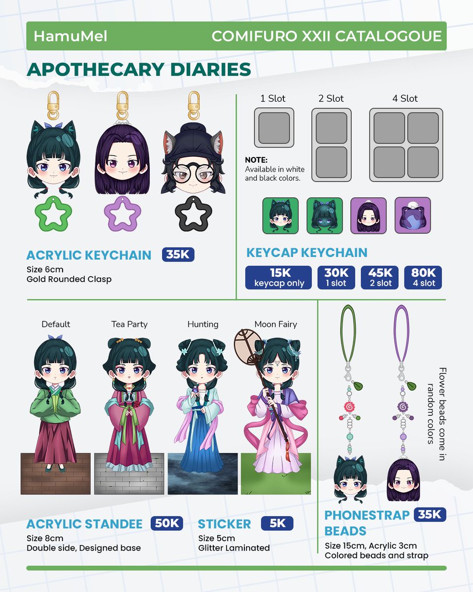 HamuMel #cf22catalogue (1/2)
Tamon's B side, Akatsuki no Yona, Suikoden, Prince of Tennis, Harvest Moon, Apothecary Diaries

#comifuro22 #cf22 #comifuro22catalogue #comifuro