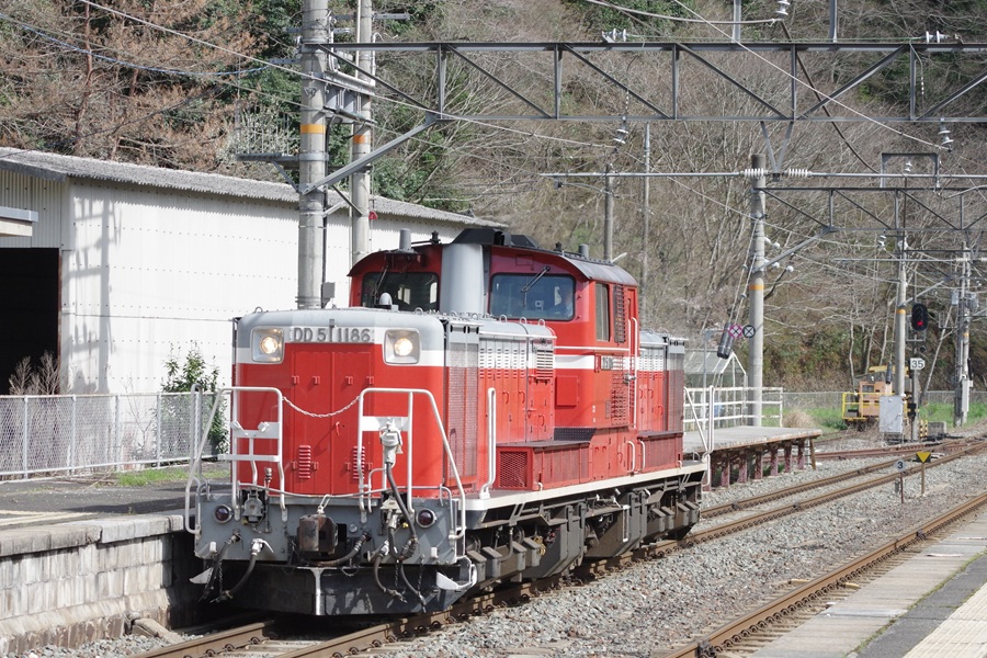 JSTM_135E's tweet photo. 先日出かけた伯備線で定期列車のない時間に接近放送、やってきたのはDD51単機。地元では撮れない後藤のDD51 1186が偶然この駅で撮れたのは思いもよらぬ幸運だった。
それと運を引き換えにしたかのように、この後この日一番のお目当てにしていた上り貨物はピントが合わず撃沈
2026.3.31　備中神代駅 https://t.co/P5HI2AoI6h