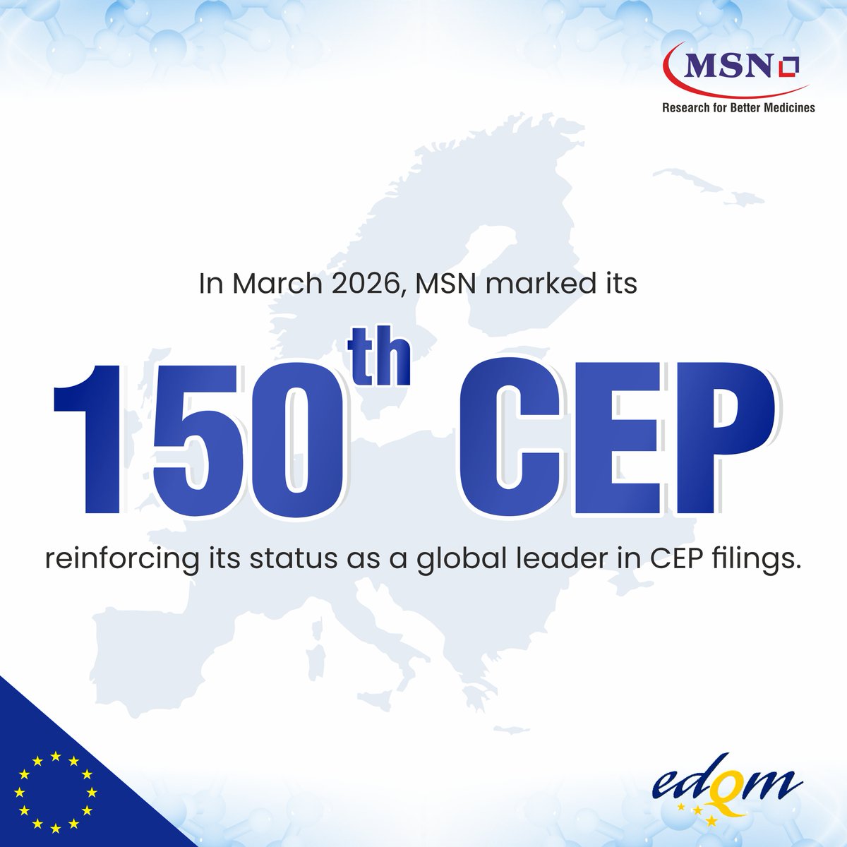 MSNLabs's tweet photo. This March 2026, MSN reached a significant milestone, receiving its 150th CEP approval. This achievement solidifies our position as one of the top API companies for CEP filings. We remain committed to providing high-quality, affordable healthcare for Europe and the World. https://t.co/485gAwxMuM