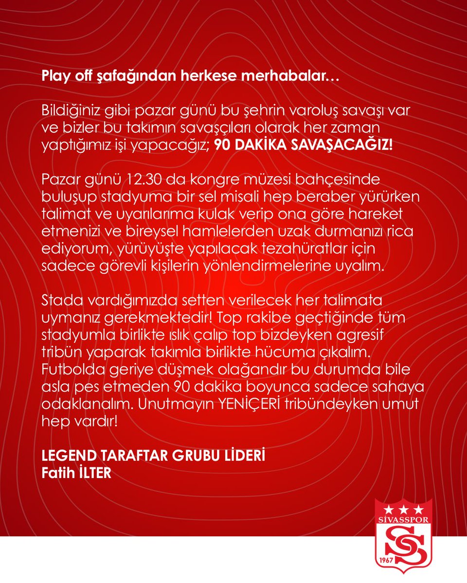 Değerli Yiğidolar ; 

Yarın gerçekleştireceğimiz kortej programında kongre müzesinden millet bahçesine kol kola yürüdükten sonra stadyuma servislerimiz mevcuttur. 

Bu zafer yürüyüşüne tüm Sivas halkını davet ediyorum.

 <a href="/Sivasspor/">Sivasspor</a> <a href="/legendsivasspor/">LEGEND</a> <a href="/ElliSekizTG/">Elli Sekiz TD</a>